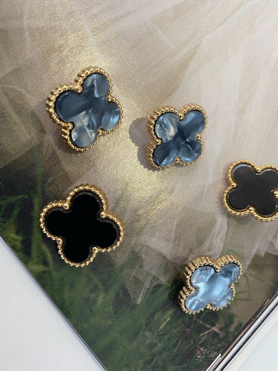 Flower buttons designer inspired with mother of pearl insert, flower button 20 mm black, milk, graphite colors