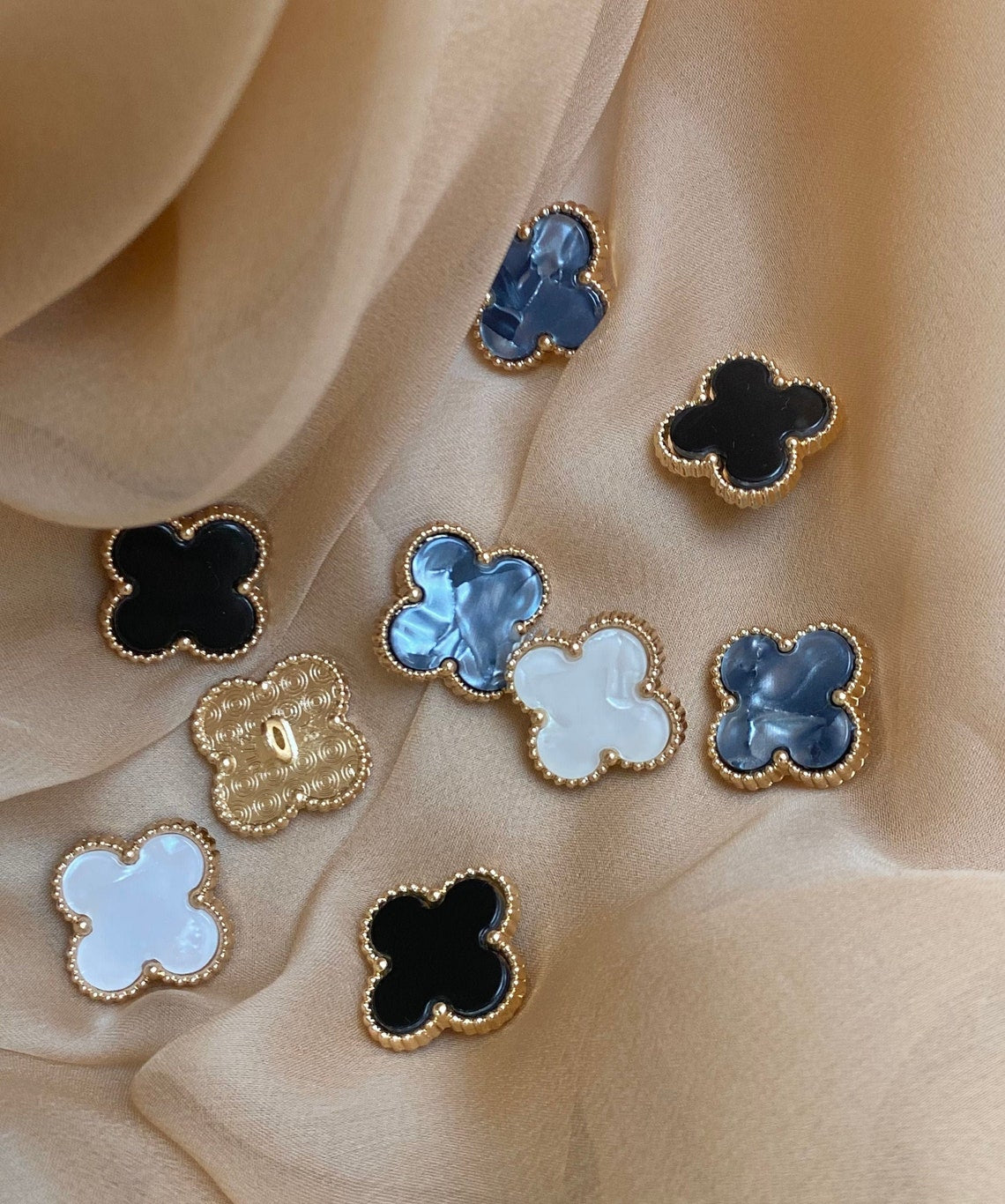 Flower buttons designer inspired with mother of pearl insert, flower button 20 mm black, milk, graphite colors